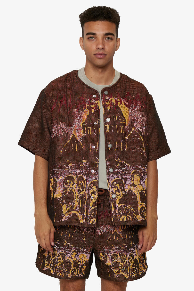 "GHOST HANDS" RED TAPESTRY BUTTON UP BROWN