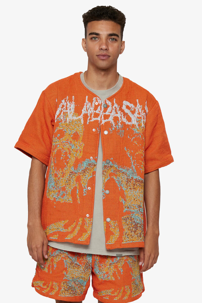 VALABASAS "GHOST HANDS" RED TAPESTRY BUTTON UP ORANGE