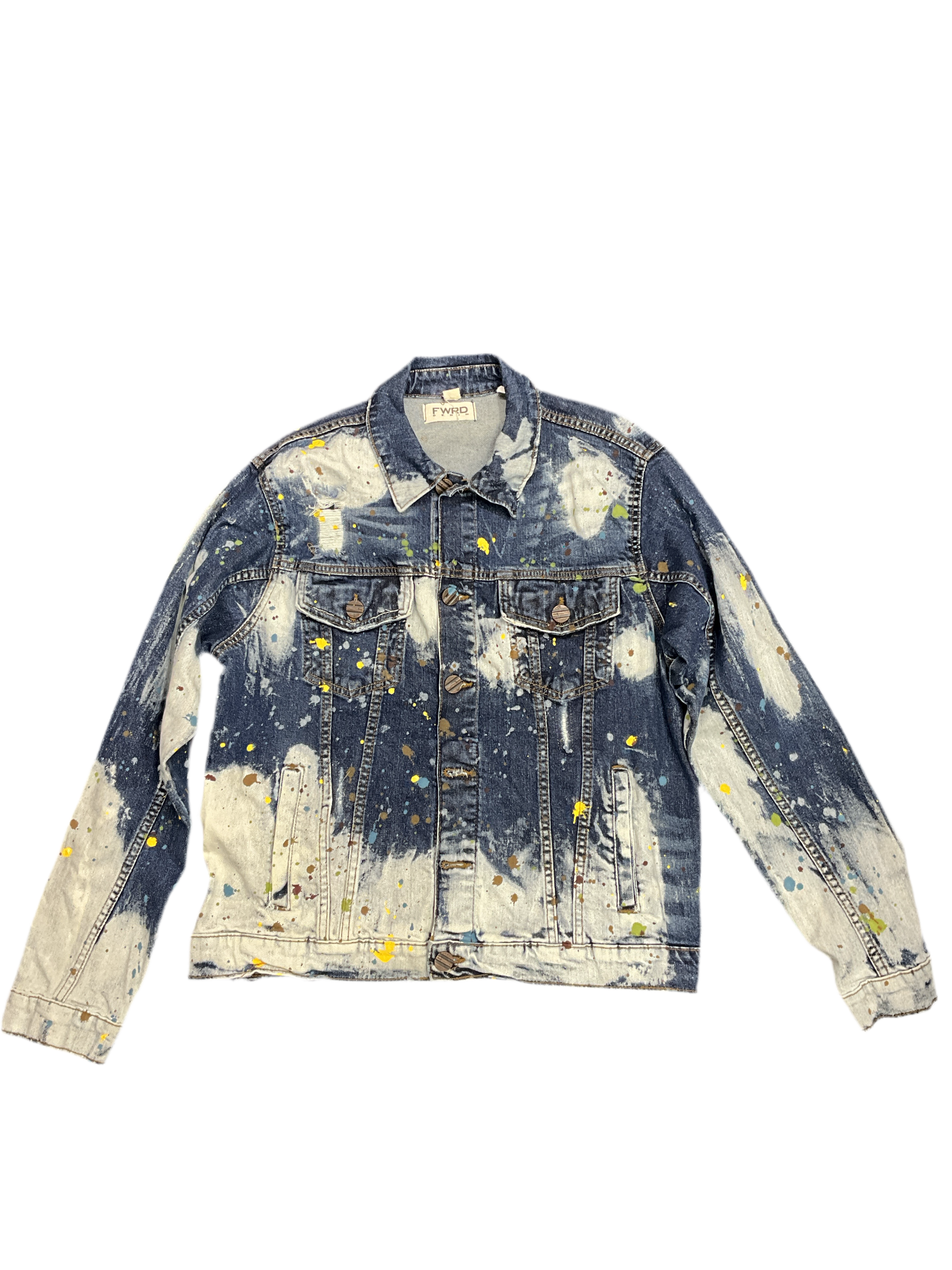 FWRD Denim Jacket Dark Paint Wash Distressed Multi