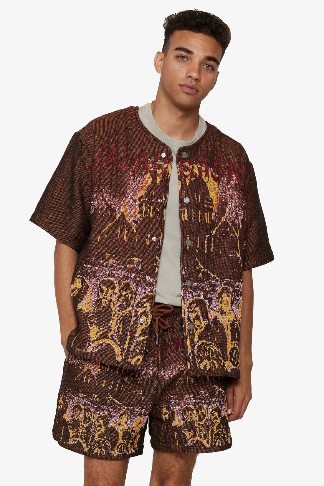 "GHOST HANDS" RED TAPESTRY BUTTON UP BROWN