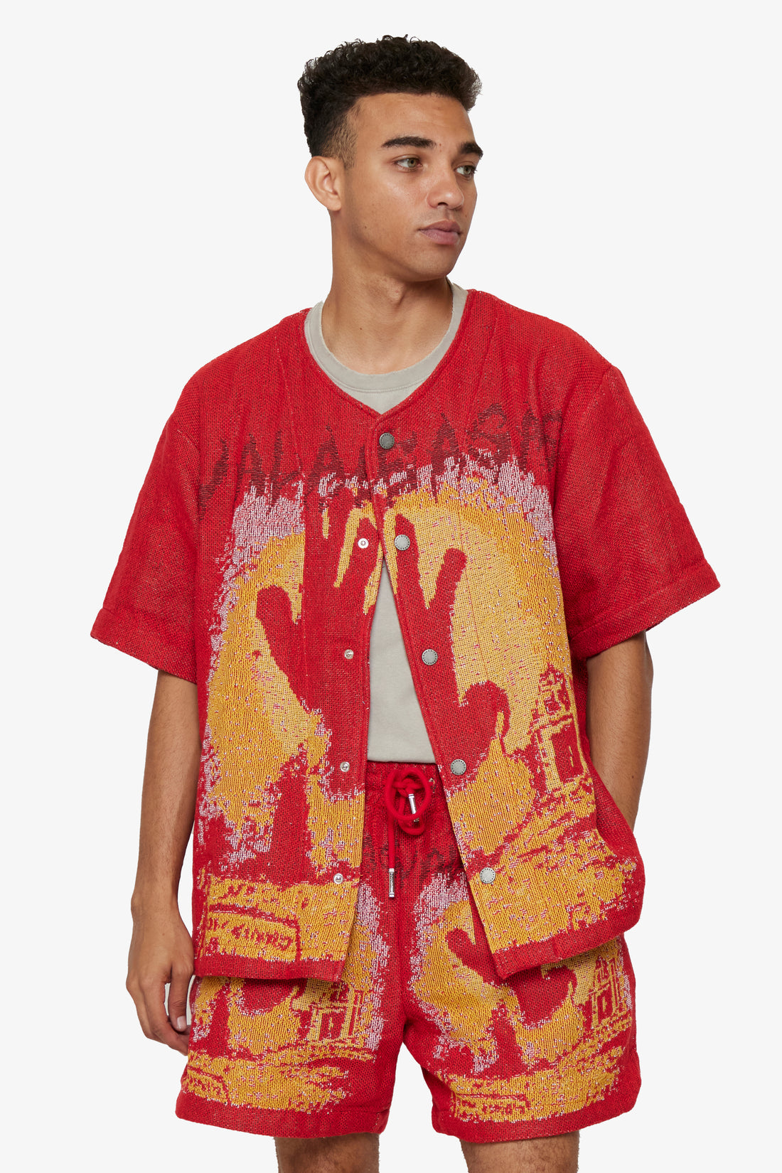 VALABASAS "GHOST HANDS" RED TAPESTRY BUTTON UP RED