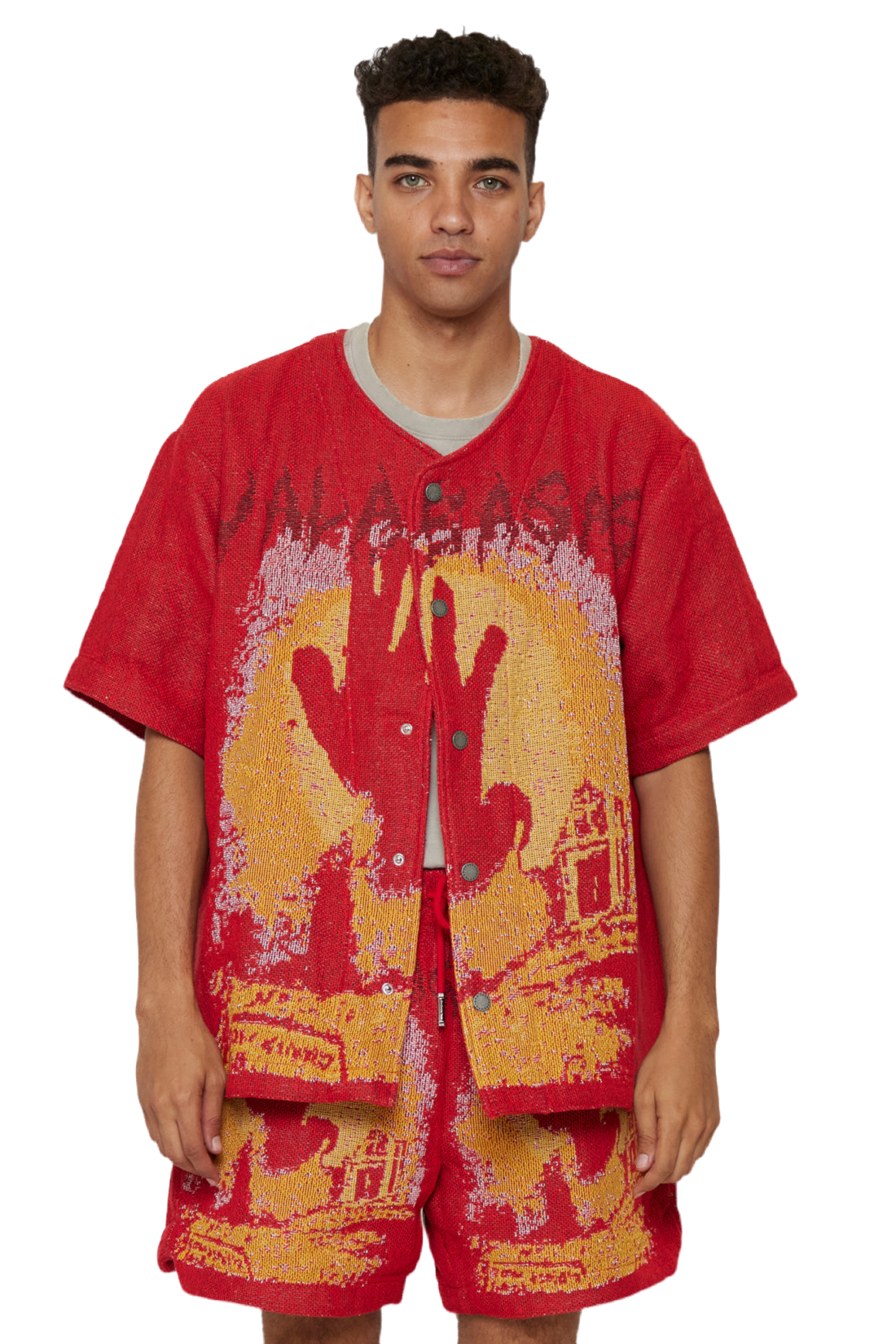 VALABASAS "GHOST HANDS" RED TAPESTRY BUTTON UP RED