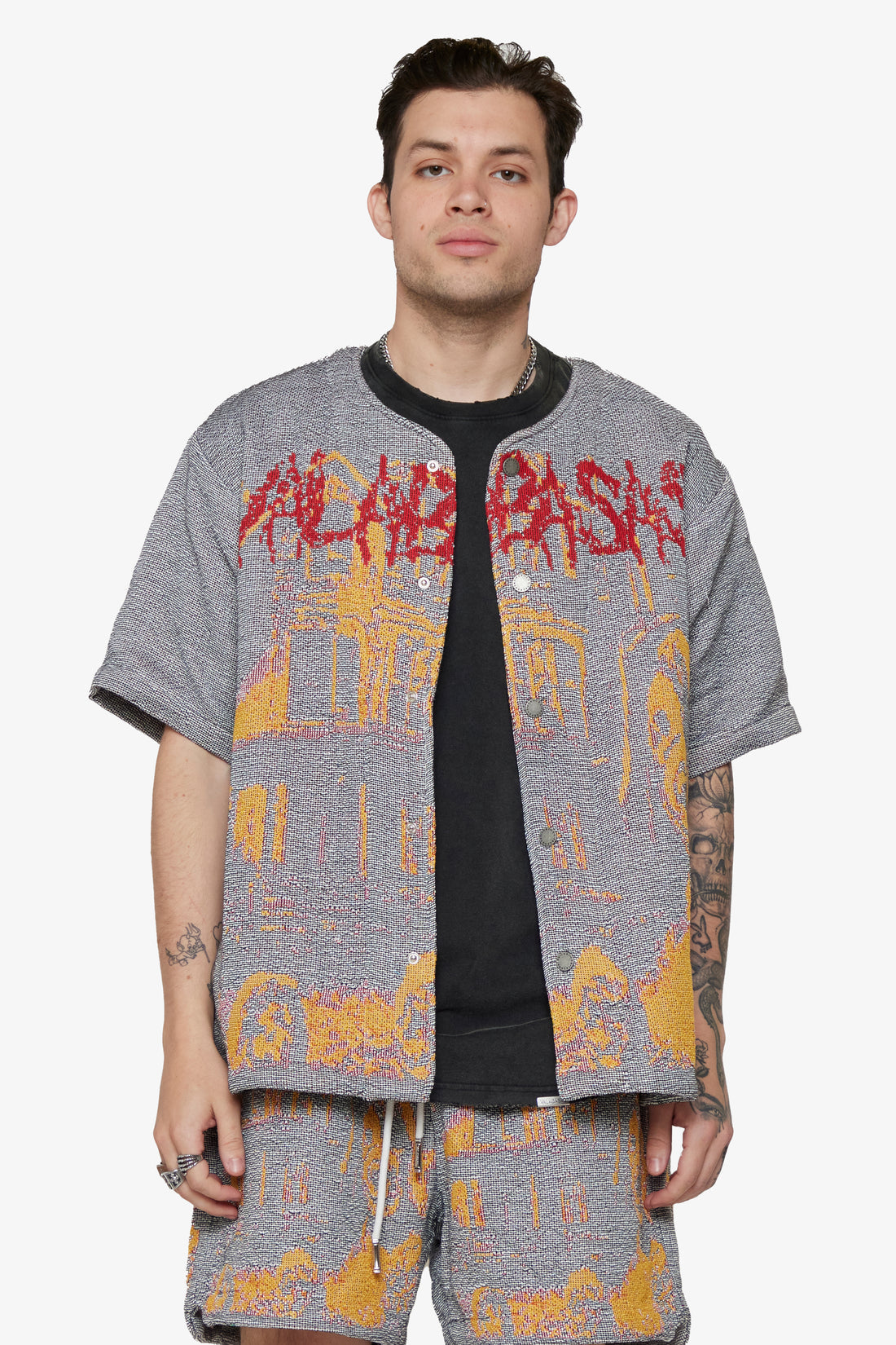 VALABASAS "GHOST HANDS" RED TAPESTRY BUTTON UP WHITE