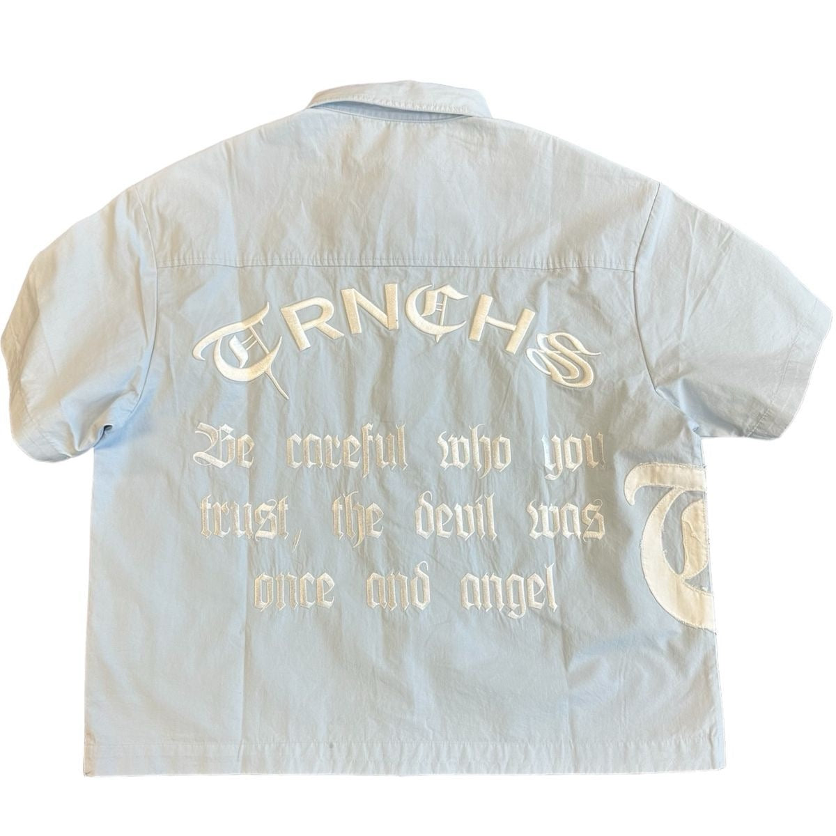 TRNCHS "CROP" BUTTON UP SKY BLUE